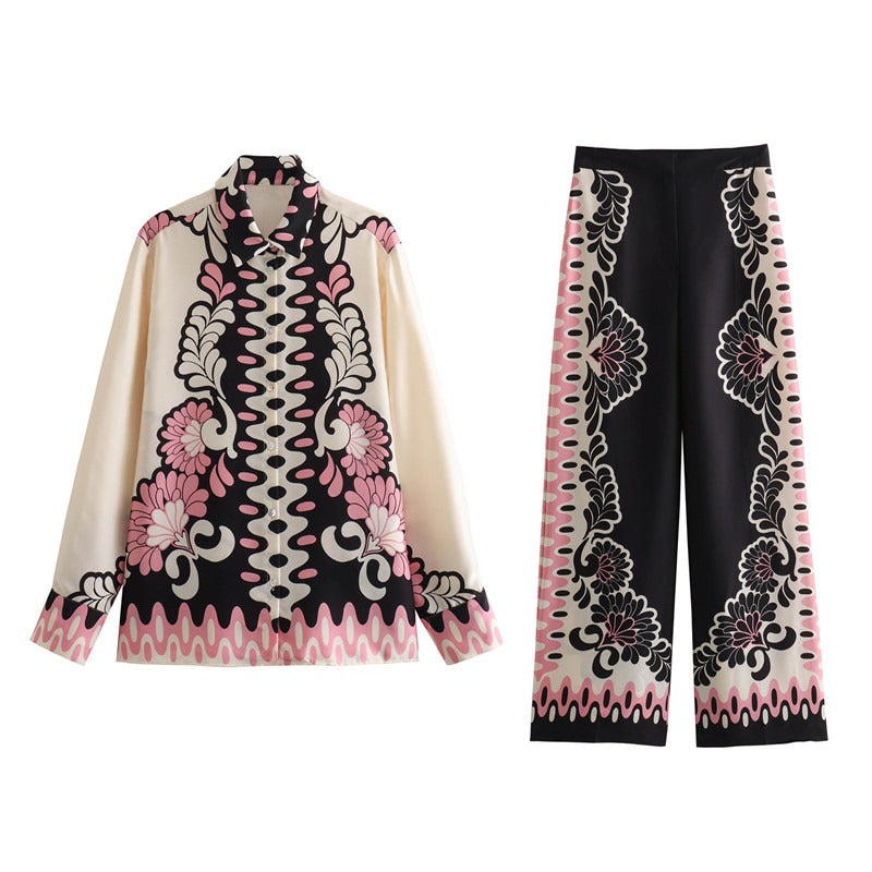 Long Sleeve Print Shirts Women Pants Suits Single Breasted 2piece Suits  Women Casual Long Pant Set