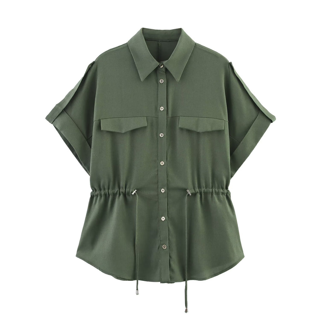 Fashionable loose single breasted lace up blended hunting outfit shirt for women