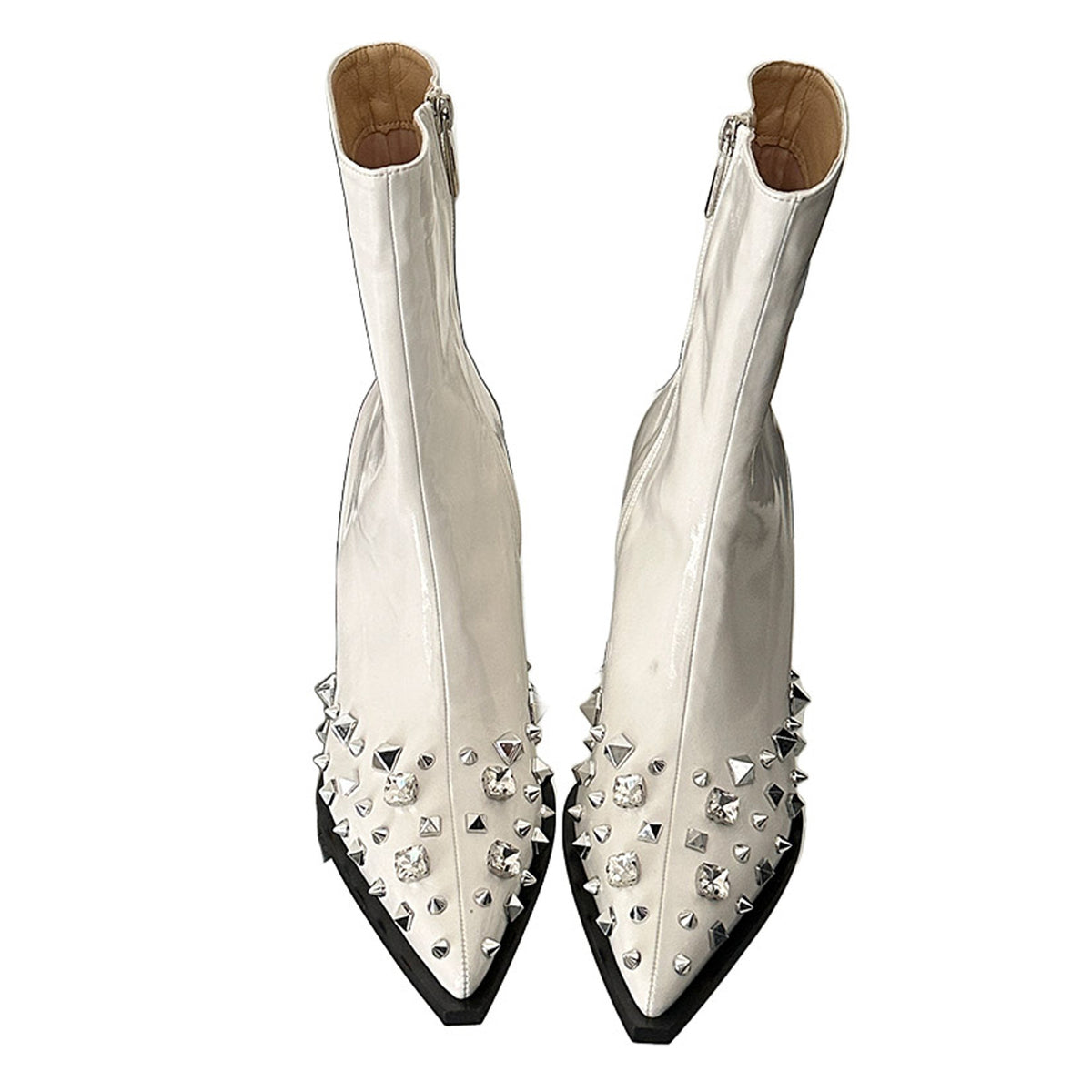 Eilyken Fashion Pointed Toe Thin Low Heels Boots Women Chain Rivet Zipper Pumps Soft Leather Ladies Party Ladies Shoes