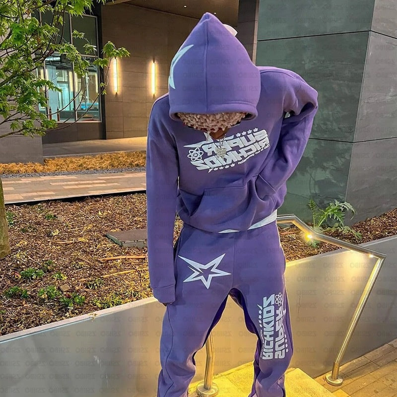 Hiphop Letter Star Print Loose Hooded Sweatshirt Unisex