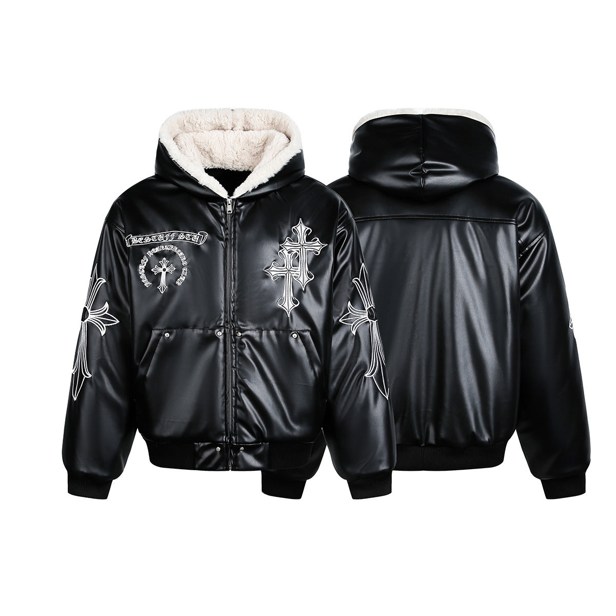 Cross Embroidered PU Leather Coat Coat Cotton Coat