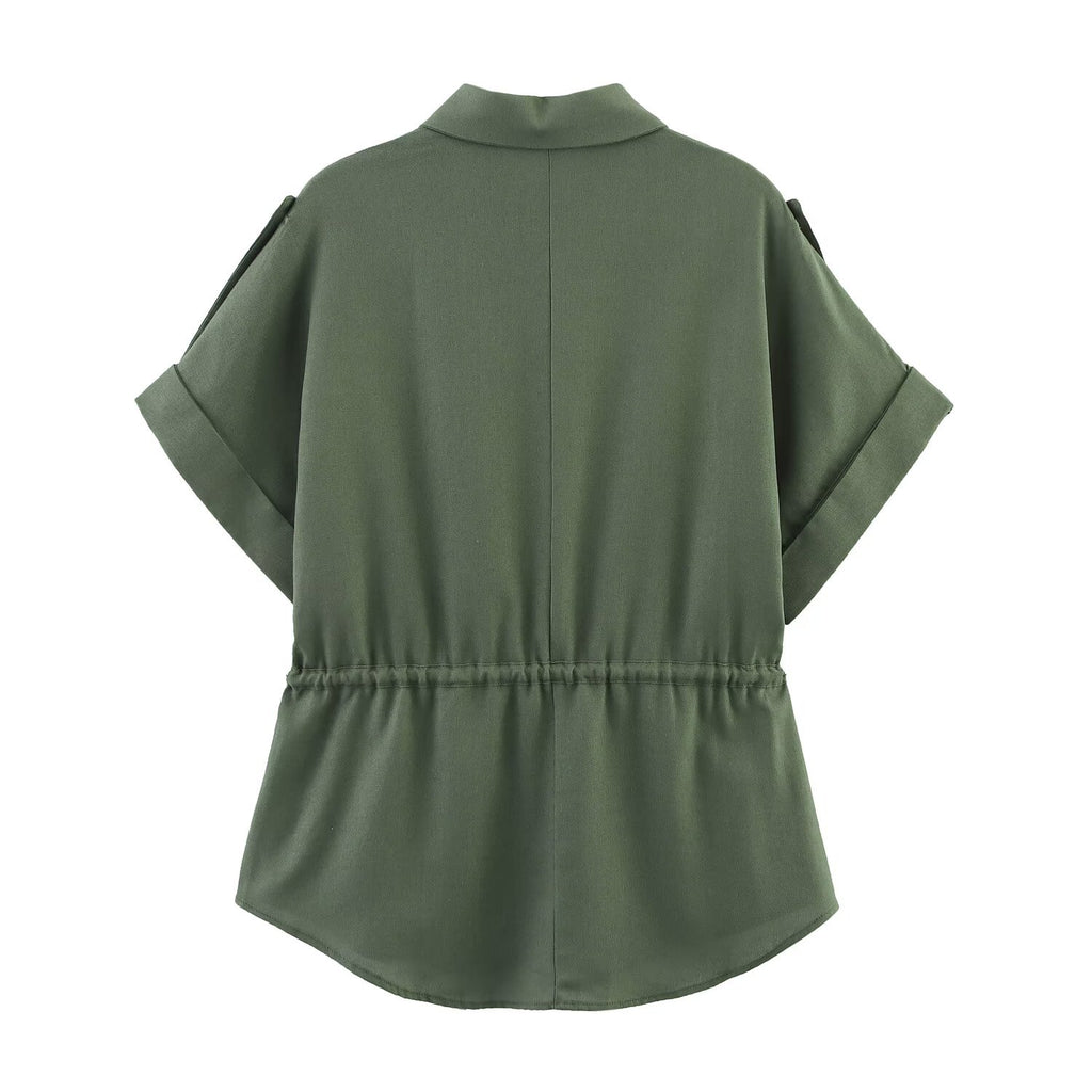 Fashionable loose single breasted lace up blended hunting outfit shirt for women