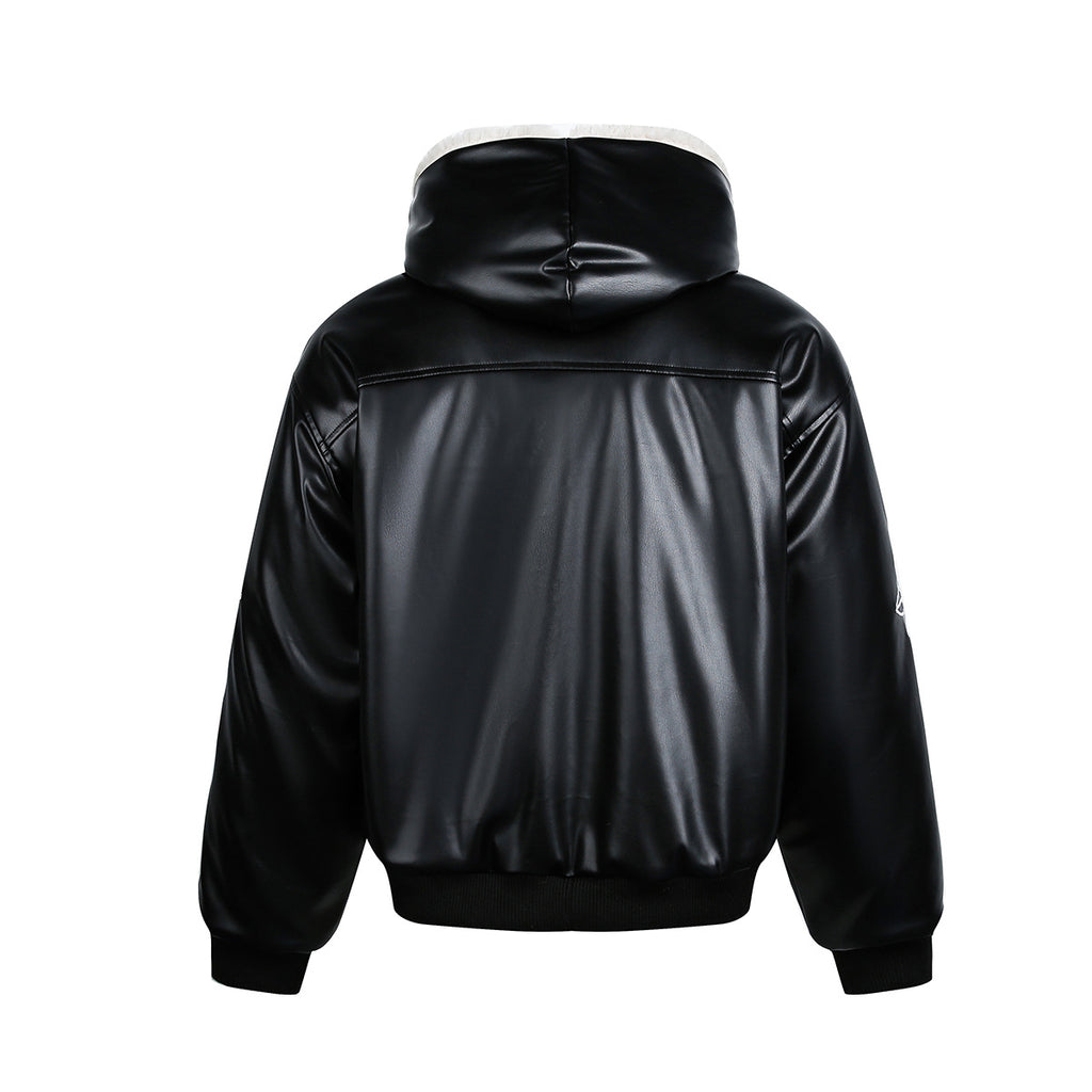 Cross Embroidered PU Leather Coat Coat Cotton Coat