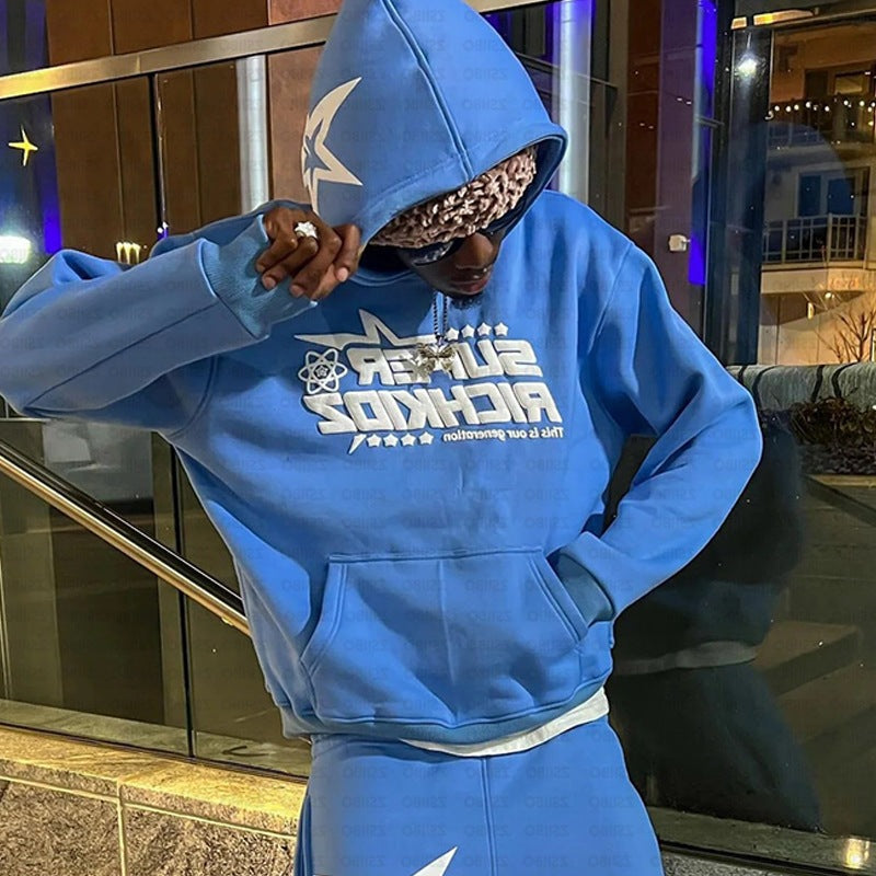 Hiphop Letter Star Print Loose Hooded Sweatshirt Unisex