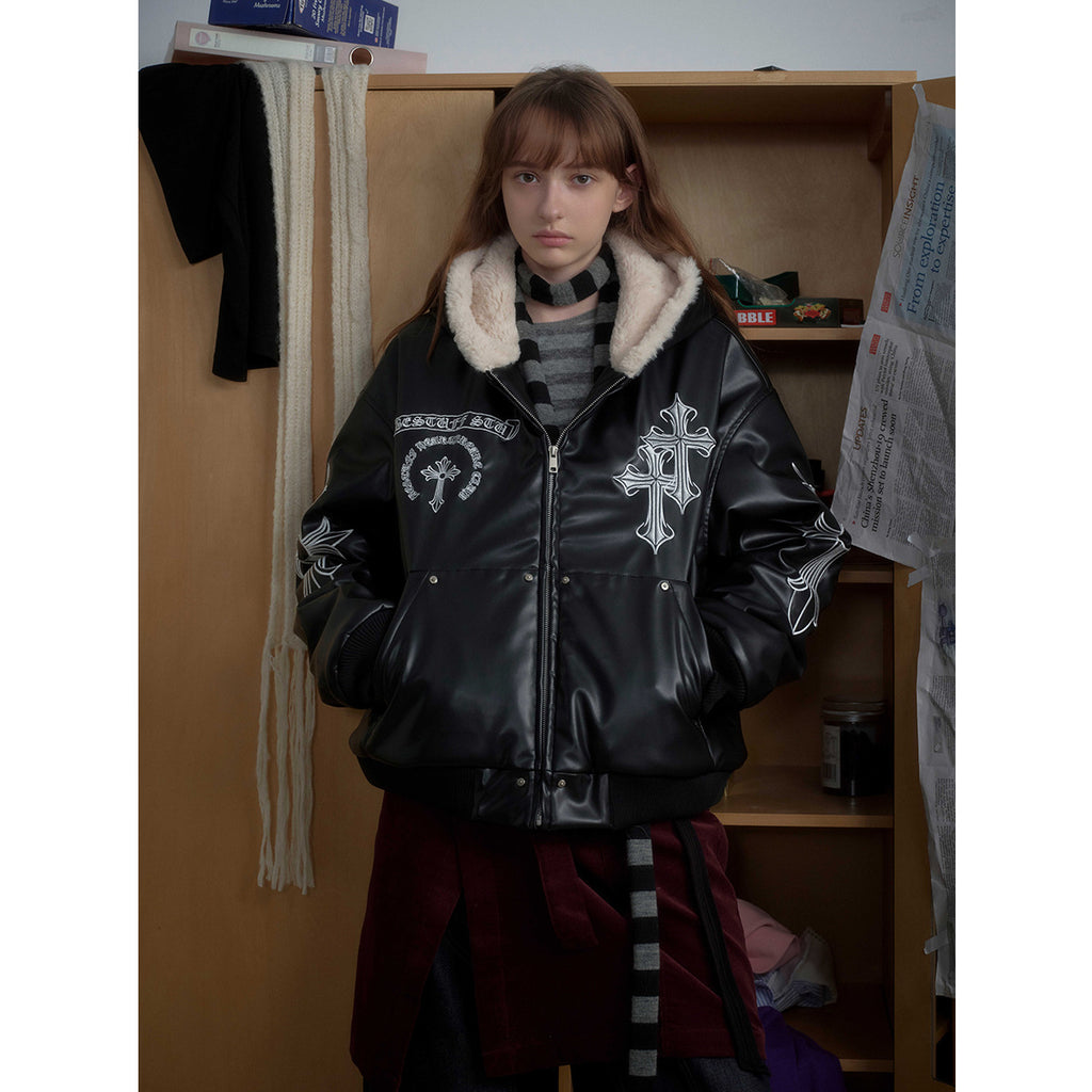 Cross Embroidered PU Leather Coat Coat Cotton Coat