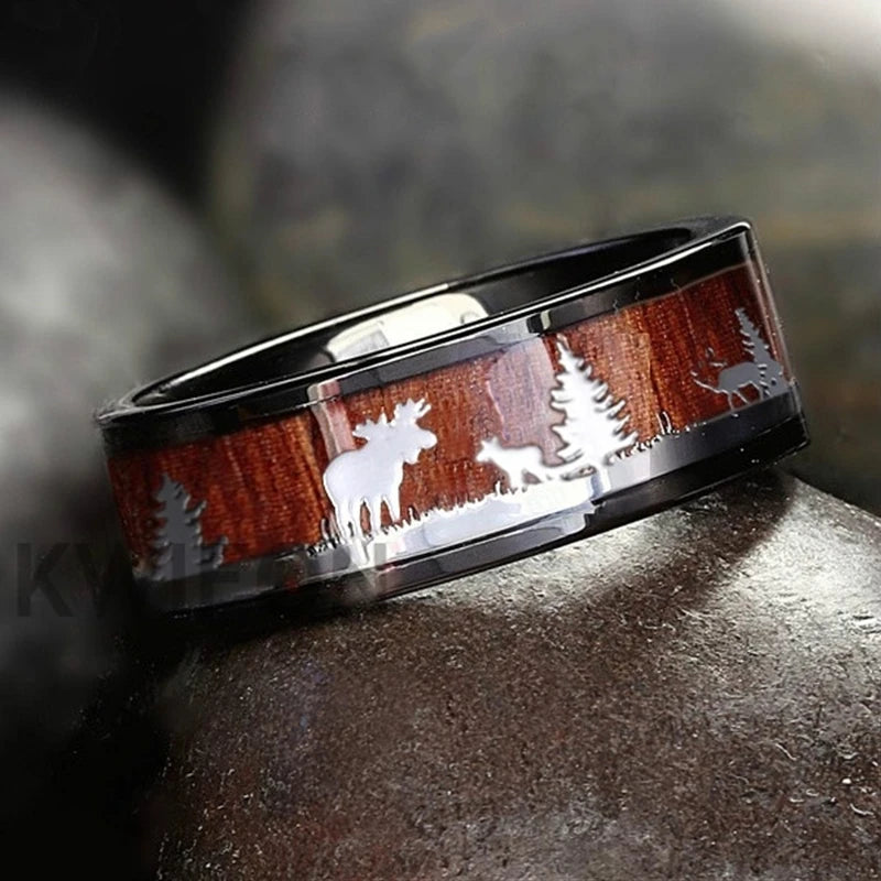FDLK     Black Tungsten Hunting Ring Wedding Band Wood Inlay Deer Stag Silhouette Ring