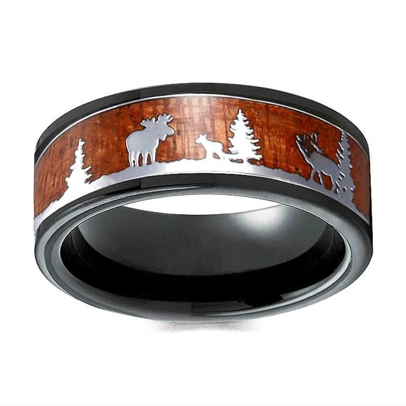 FDLK     Black Tungsten Hunting Ring Wedding Band Wood Inlay Deer Stag Silhouette Ring