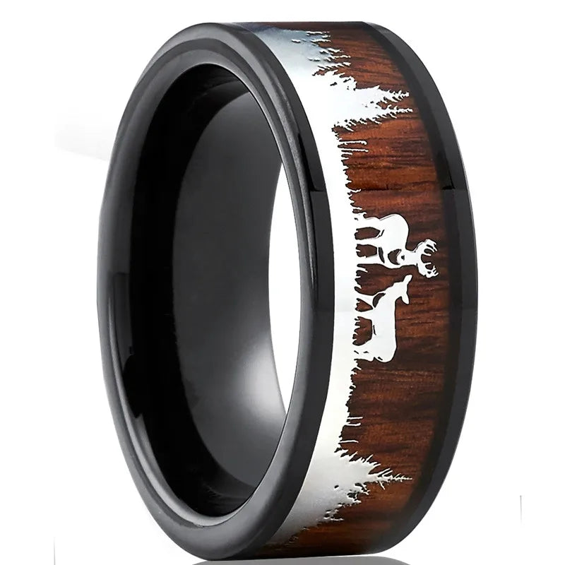 FDLK     Black Tungsten Hunting Ring Wedding Band Wood Inlay Deer Stag Silhouette Ring