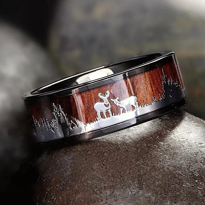 FDLK     Black Tungsten Hunting Ring Wedding Band Wood Inlay Deer Stag Silhouette Ring