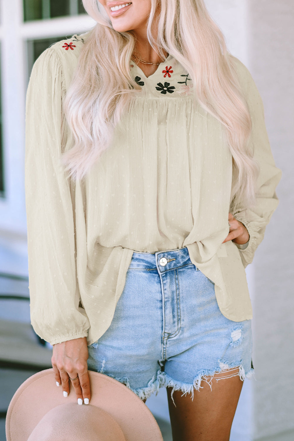 Apricot Floral Embroidered Swiss Dot Split Neck Babydoll Blouse